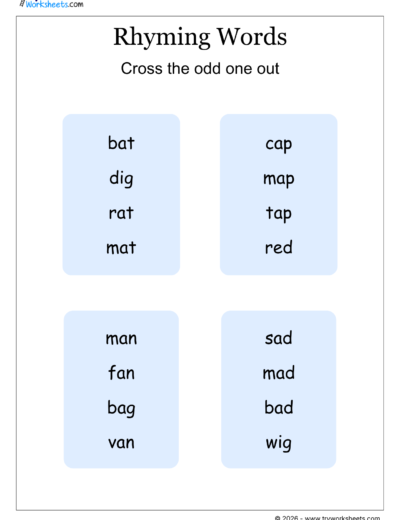 Rhyming Words – Cross the Odd One Out | Phonics Worksheet- 1
