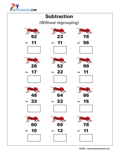 Subtraction Worksheet (Without Regrouping) for Grade 1