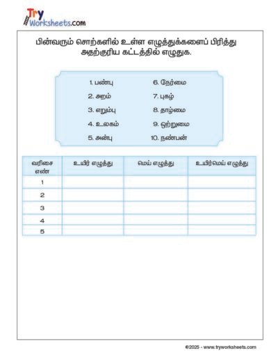 Tamil – Grade 2 Worksheet – Mei Eluthu – Uyir Eluthu – Sorting