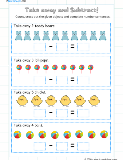 UKG Math Subtraction Worksheets- Take Away and Subtract