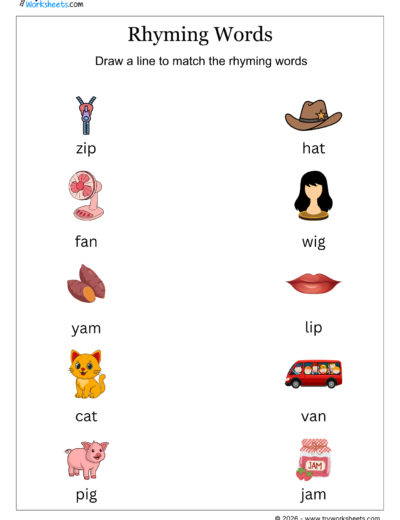 Rhyming Words Matching Worksheet for Kids | Phonics Activity