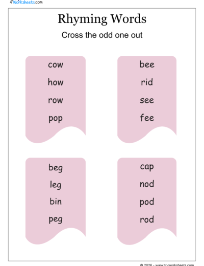 Rhyming Words – Cross the Odd One Out | Phonics Worksheet – 5