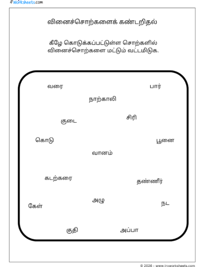 Tamil Grade 3 Worksheet – Identify Verb from the given list