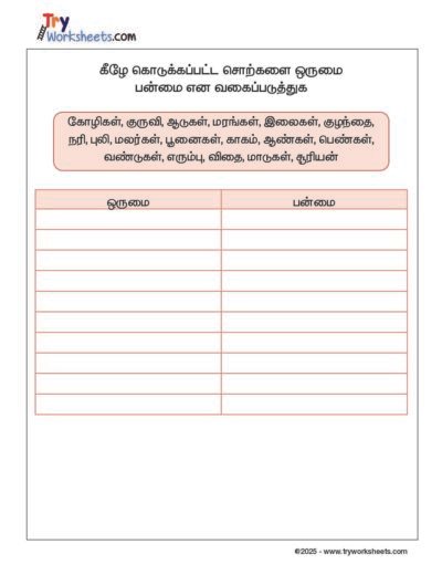 Tamil – Grade 2 Worksheet – Orumai and Panmai