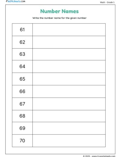 Write the Number Name for the Given Number (61 to 70)