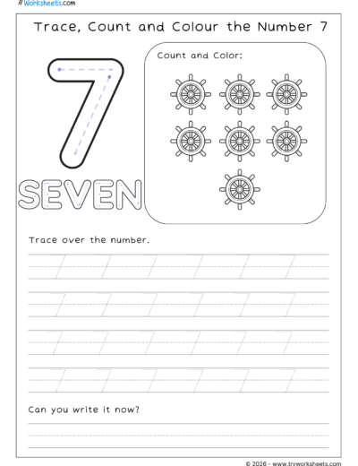Math Kindergarten Worksheet – Trace, Count and Colour the Number 7