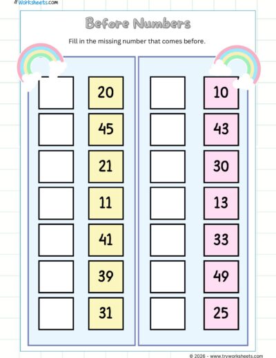 Before, After & Between Numbers Worksheets for UKG
