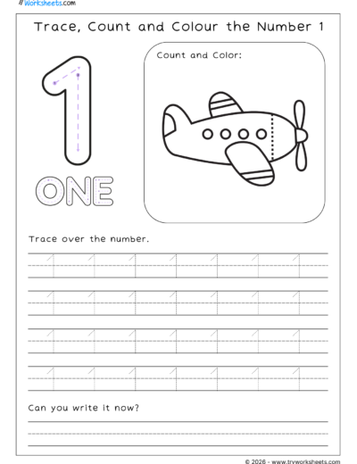 Math Kindergarten Worksheet – Trace, Count and Colour the Number 1