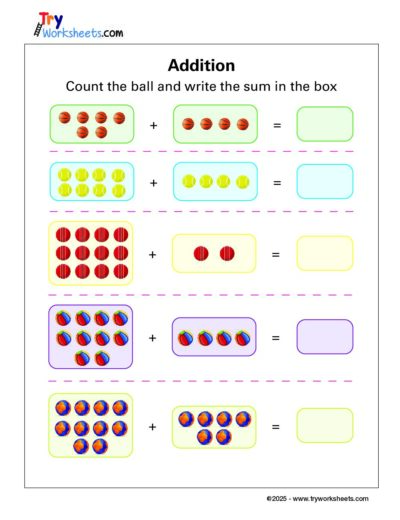 Math – Grade 1: Addition Worksheet | Count the Balls & Write the Sum