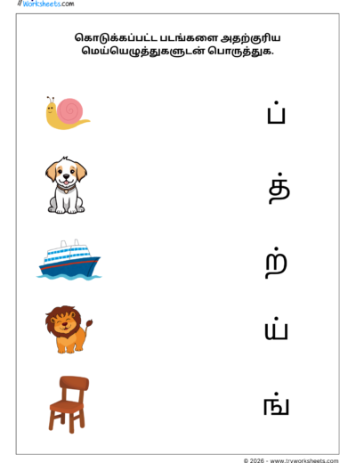 Tamil Mei Eluthukkal Worksheet – Match Consonants with pictures