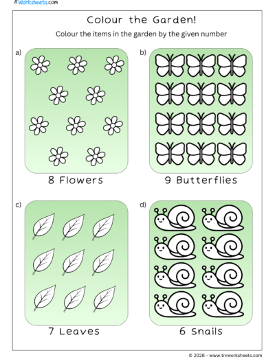 Counting 1 to 10 Worksheets – Color the Garden