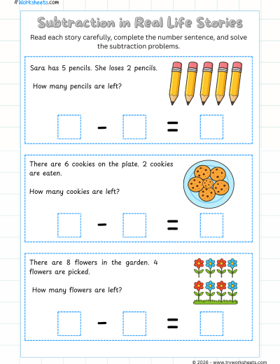 UKG Math Subtraction Worksheets-Real life subtraction