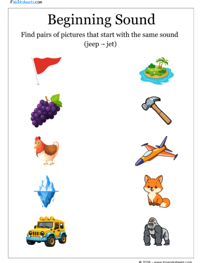 LKG Phonics Worksheet –Match the Pictures with the Same Beginning Sound- 2