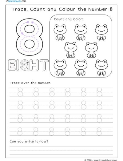 Math Kindergarten Worksheet – Trace, Count and Colour the Number 8