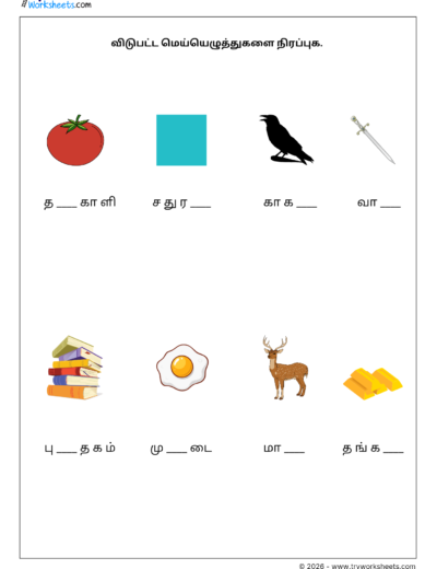 Tamil Mei Eluthukkal Worksheet – Fill the words with Consonants
