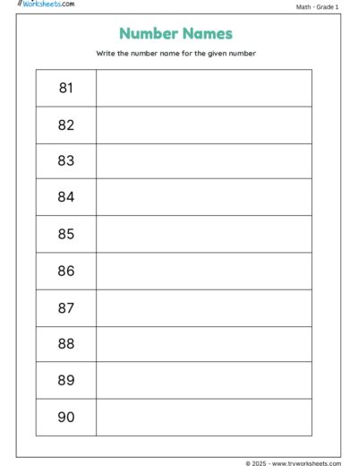 Write the Number Name for the Given Number (81 to 90)