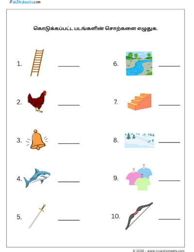 Tamil Grade 1 Worksheet – Write the Picture Words in Tamil | இரண்டெழுத்துச் சொற்கள்