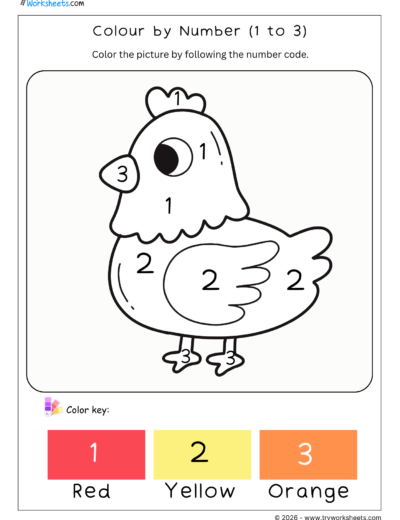 Math Kindergarten Worksheet – Colour by Number (1 to 3) – Chicken