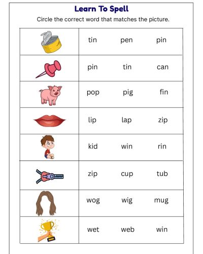 Grade 1 English Worksheet – Learn to Spell with Pictures