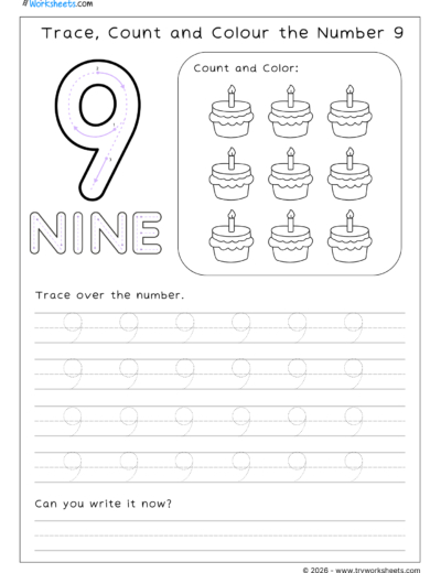 Math Kindergarten Worksheet – Trace, Count and Colour the Number 9
