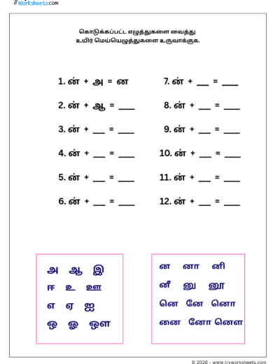Tamil Grade 1 Worksheet – Write the Uyirmei Ezhuthukkal (ன Series)