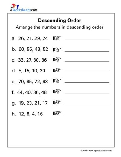Math – Grade 1: Descending Order Worksheet | Arrange Numbers