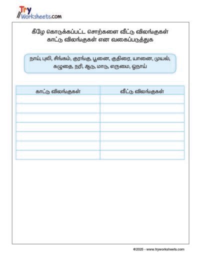 Tamil – Grade 2 Worksheet – Domestic and Wild Animals