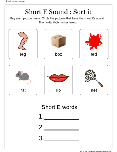 Short Vowel Sounds Worksheets-Short -E