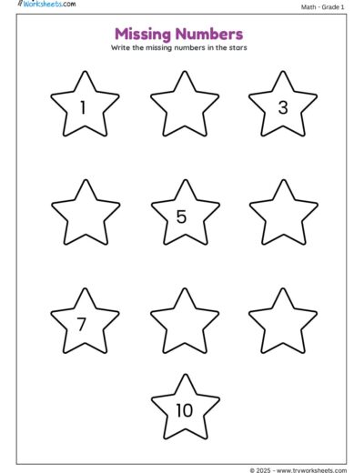 Grade 1 Math Worksheet – Missing Numbers: Write Numbers in Stars (1-10)