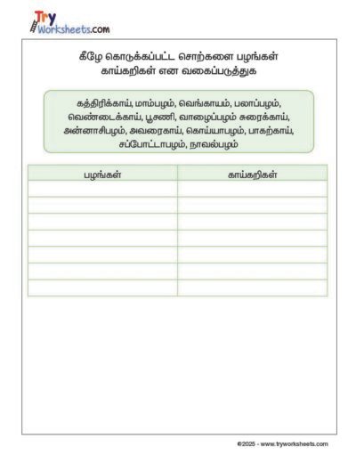 Tamil – Grade 2 Worksheet – Fruits and Vegetables Names – Sorting