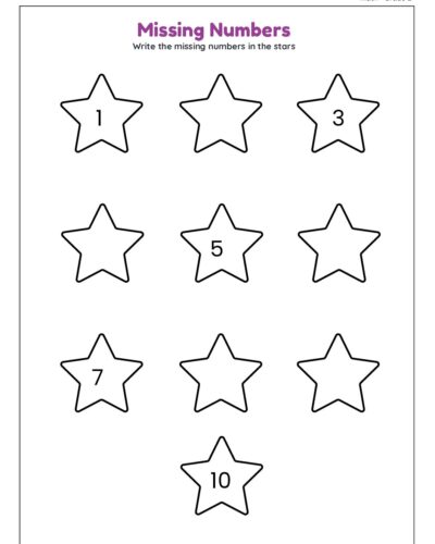 Grade 1 Math Worksheet – Missing Numbers: Write Numbers in Stars (1-10)