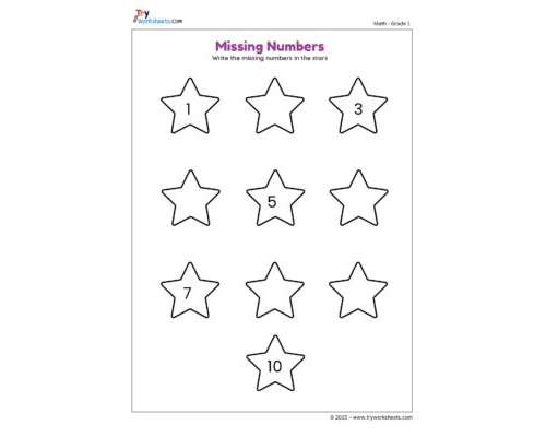 Grade 1 Math Worksheet – Missing Numbers: Write Numbers in Stars (1-10)
