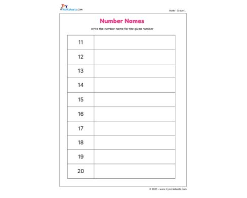 Write the Number Name for the Given Number (11 to 20)