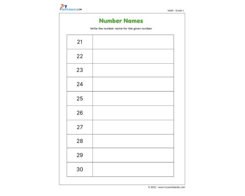 Write the Number Name for the Given Number (21 to 30)
