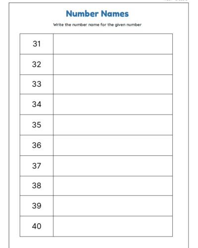 Write the Number Name for the Given Number(31 to 40)