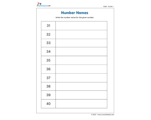 Write the Number Name for the Given Number(31 to 40)