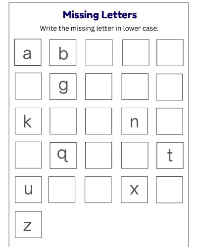 Missing Letters Worksheets – Write the Missing Letter in Lowercase