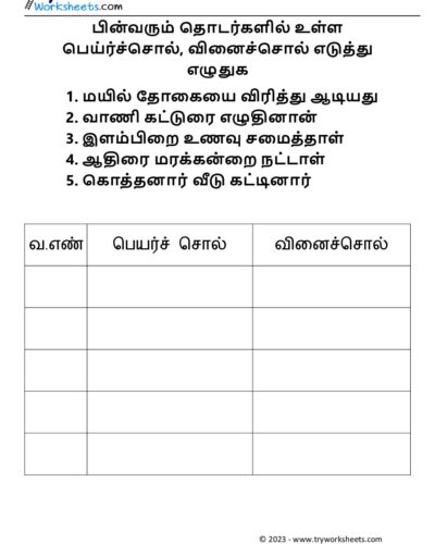 Tamil Worksheets – Grade 5 – Peyar Sol Vinai Sol