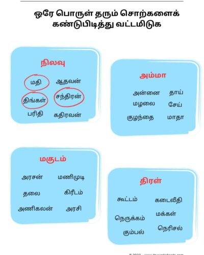 Tamil Grade 4 Identify The Words With Same Meaning(ஒரே பொருள் தரும் சொற்களைக் கண்டுபிடித்து வட்டமிடுக)